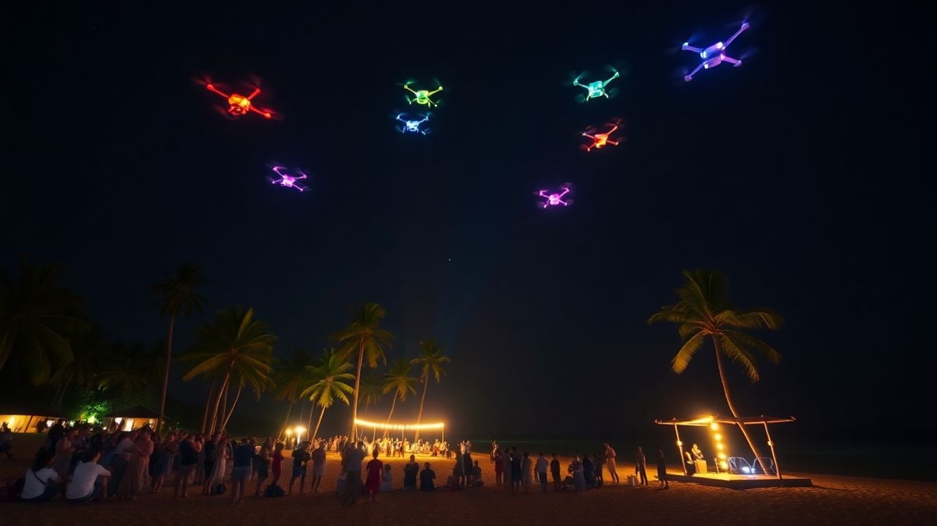 Colorful drone show over Bali beach at night