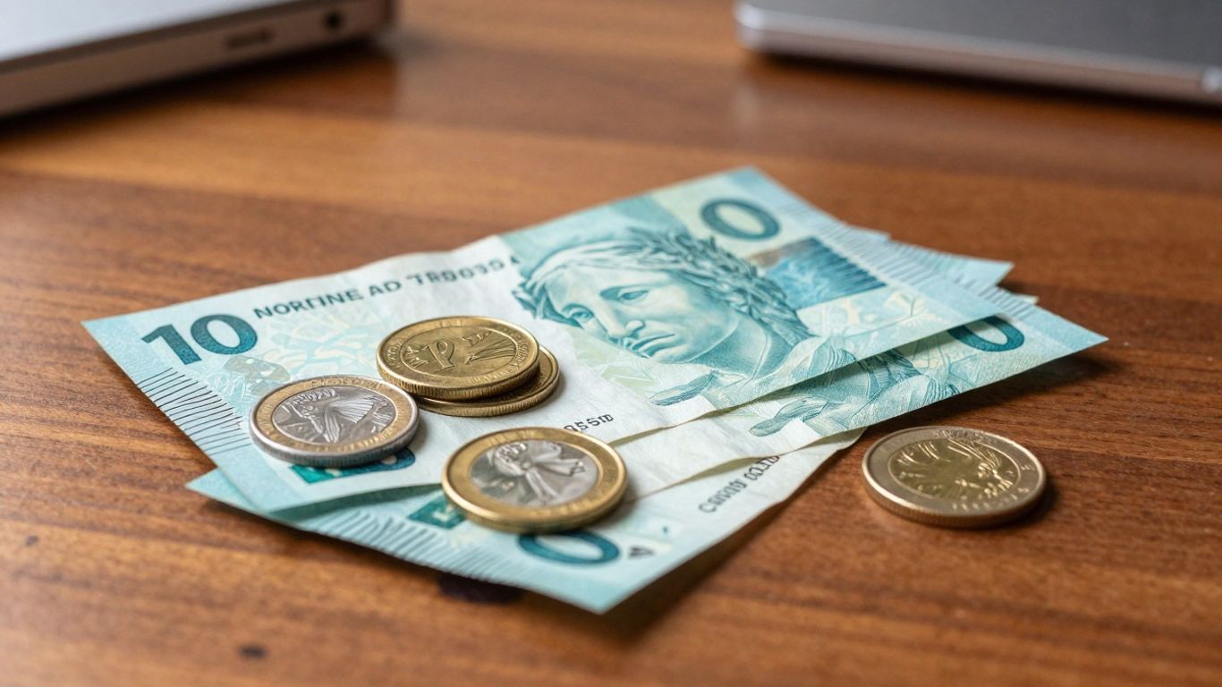 Dinheiro brasileiro sobre mesa de madeira com luz suave
