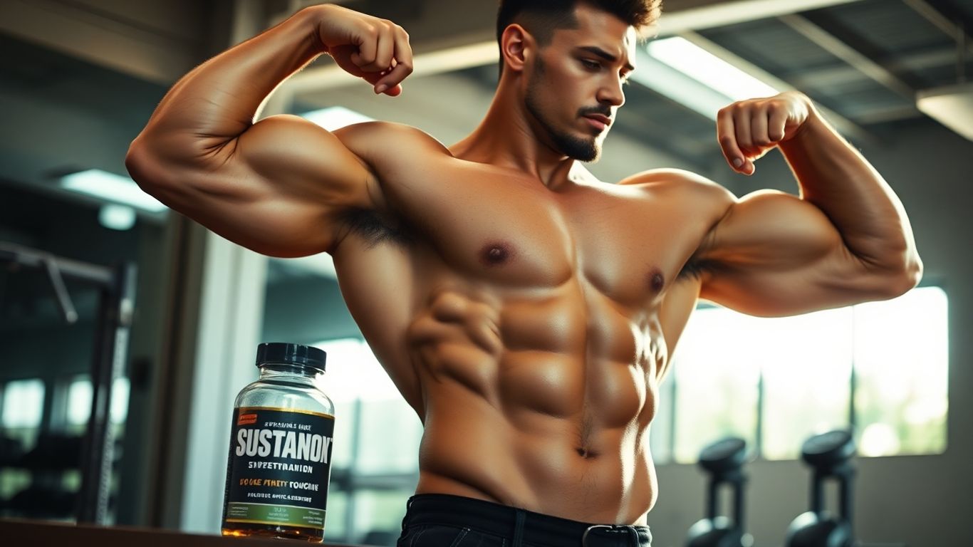 Muscular man flexing with Sustanon bottle