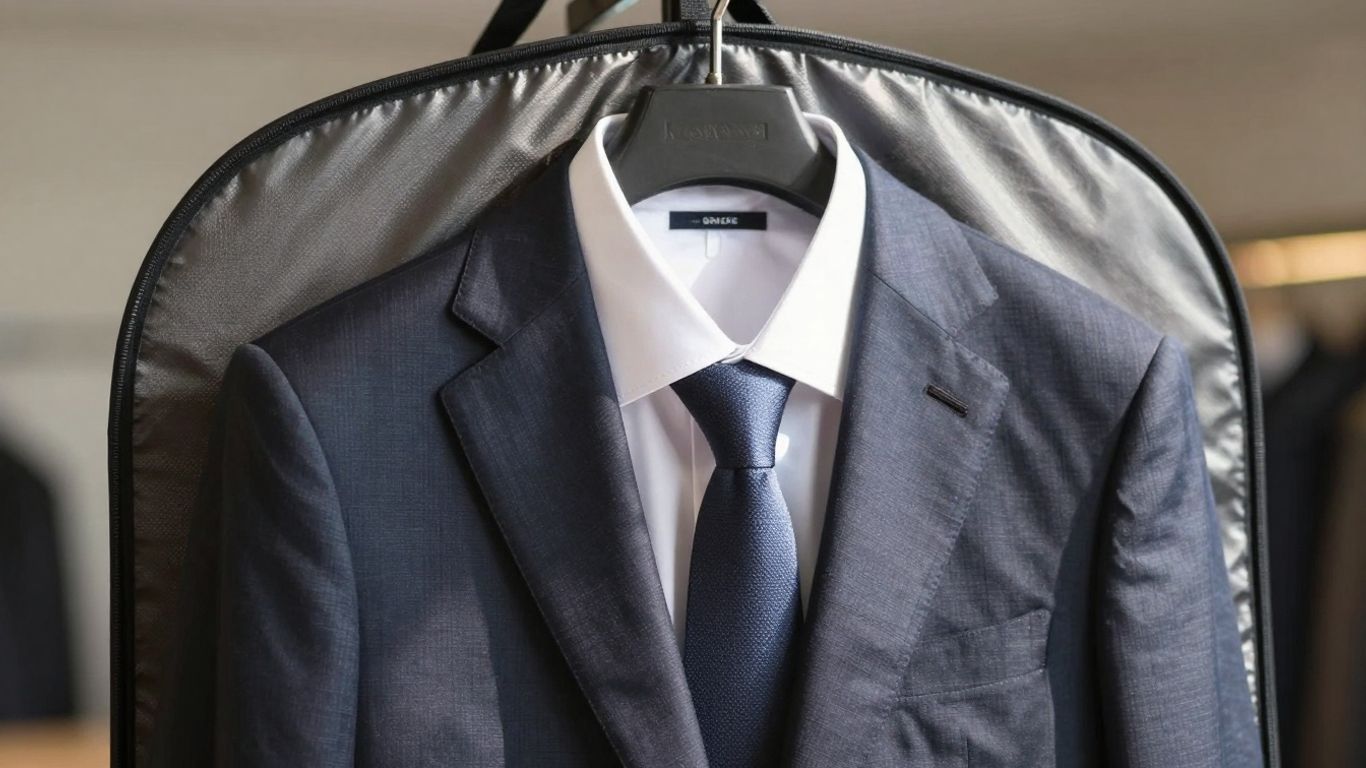 Suit in garment bag after dry cleaning