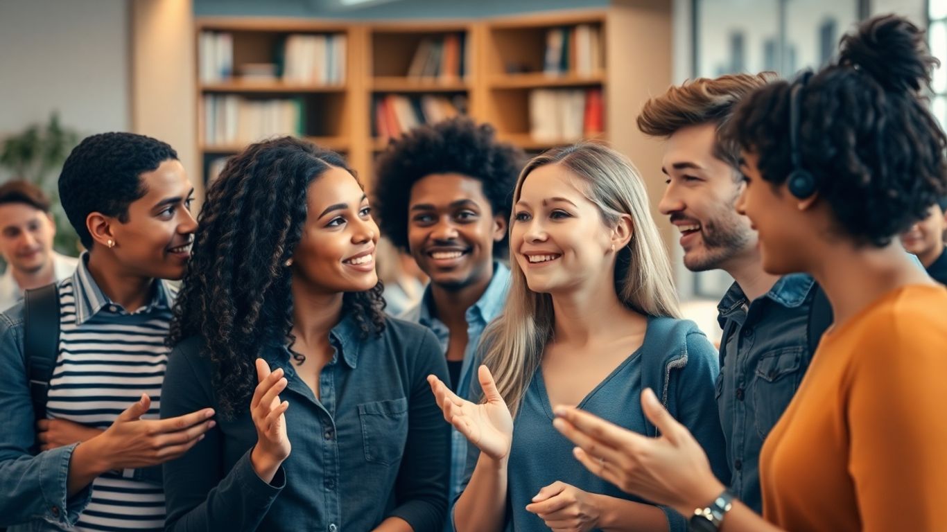 Students discussing education, work, and future goals.