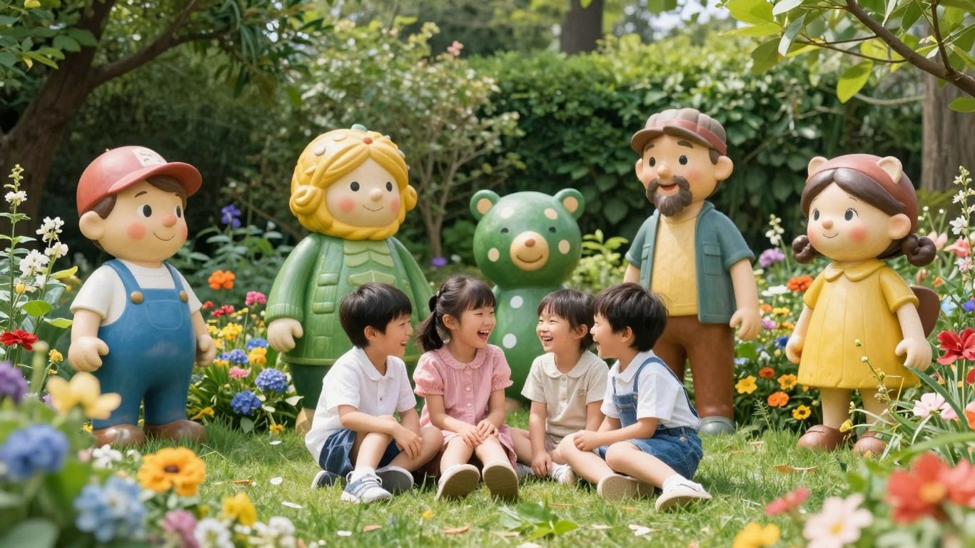 Kinder lachen mit Märchenfiguren in einem Garten