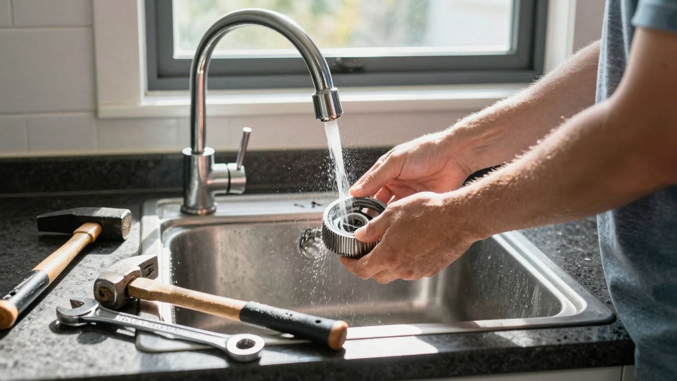 Homeowner checking a leaky tap in a New Zealand kitchen.