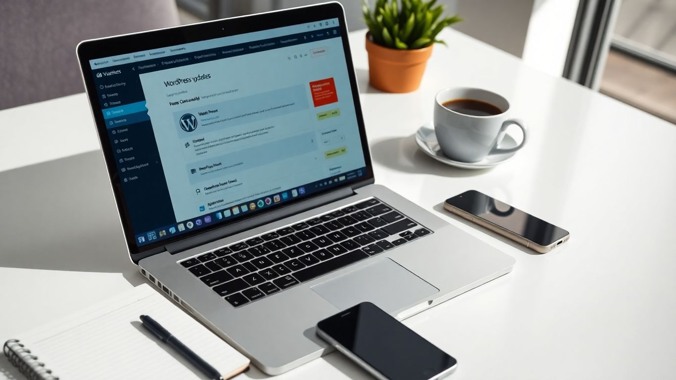 Maintaining WordPress site on laptop in modern workspace