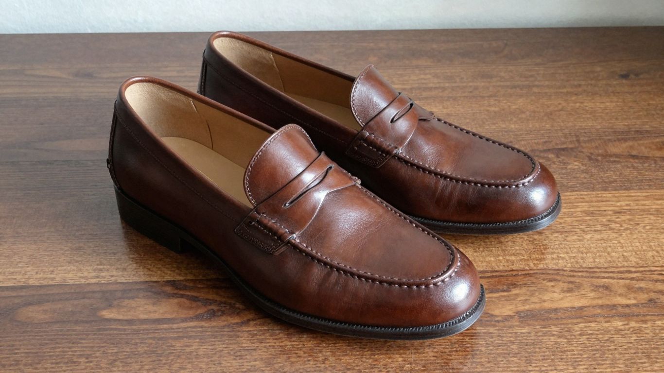 Classic brown penny loafers on a wooden surface.