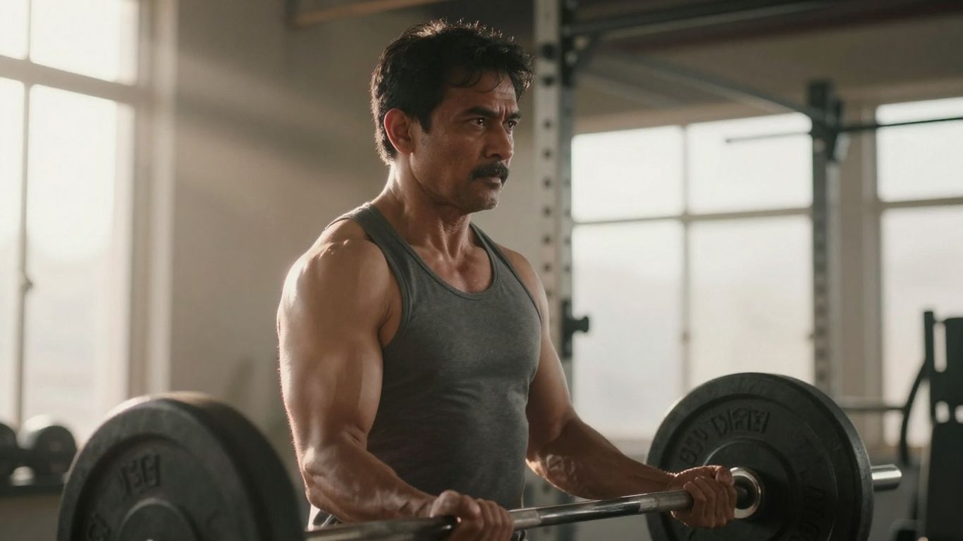 Man lifting weights, symbolizing health and vitality.