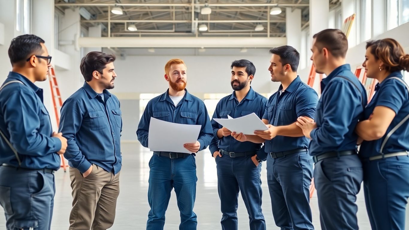 Painters in discussion with tools in modern building