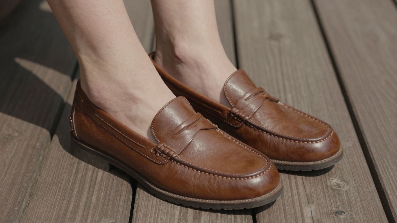 Brown penny loafers for summer, sockless style.