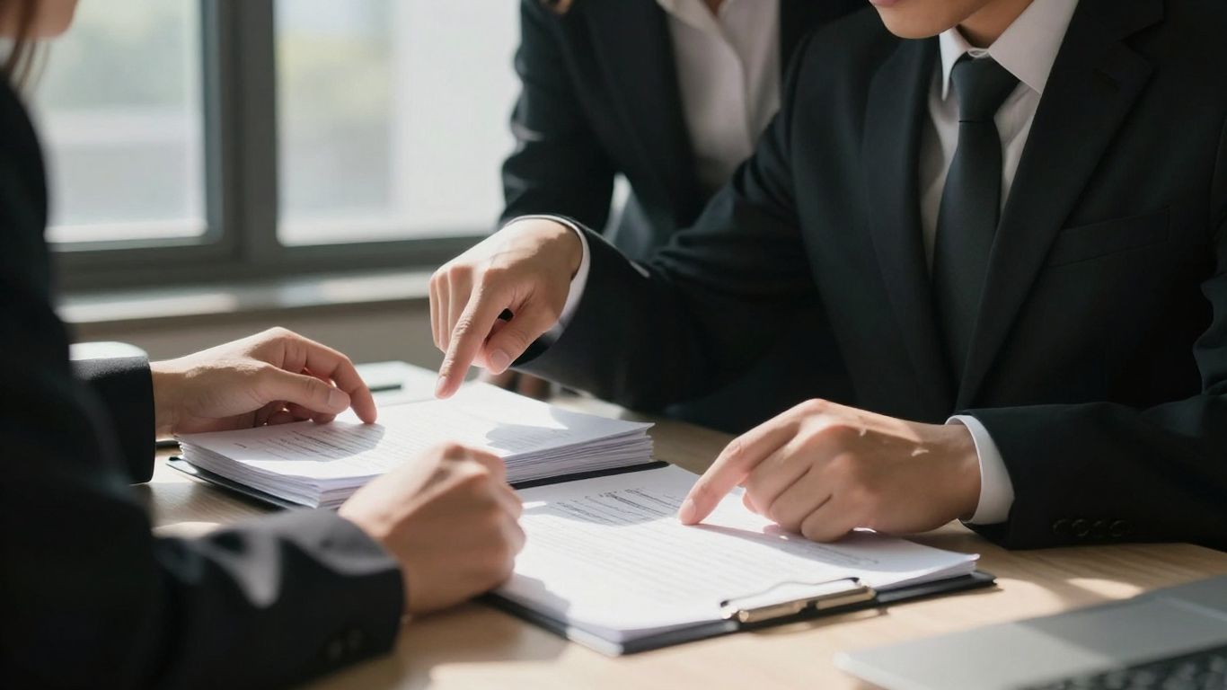 Loan servicer discussing financial documents with a client.