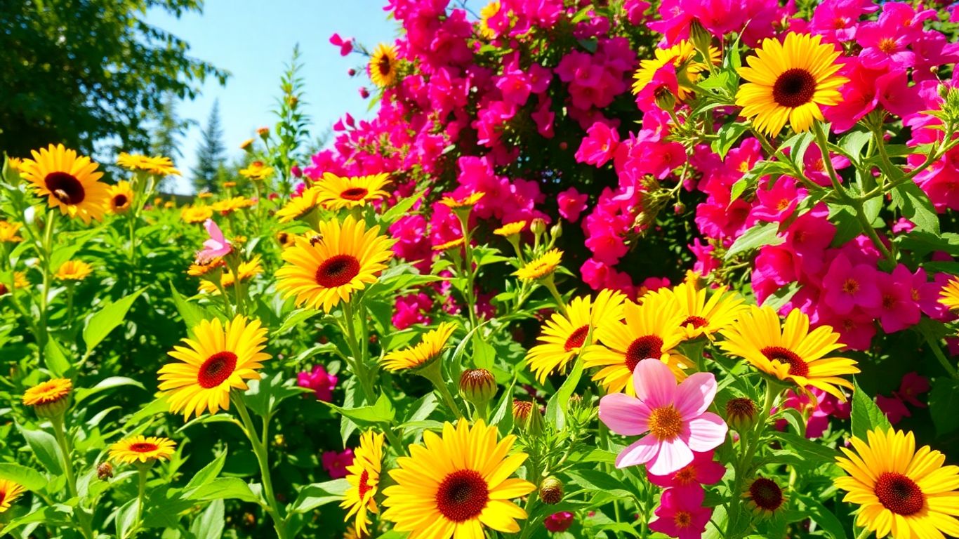 Flores vibrantes sob sol intenso em um jardim.