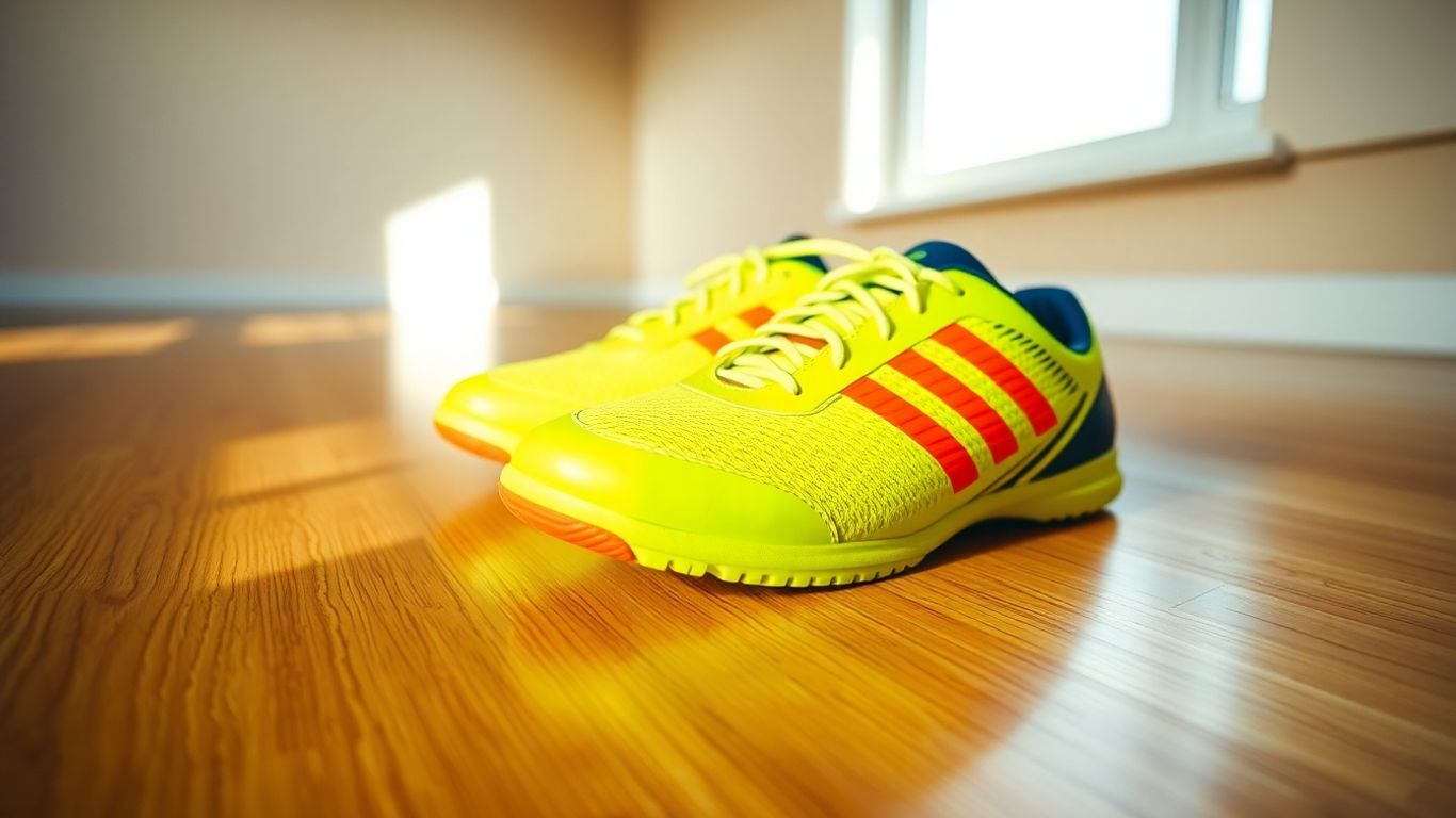 Young Aussie indoor soccer shoes on polished floor