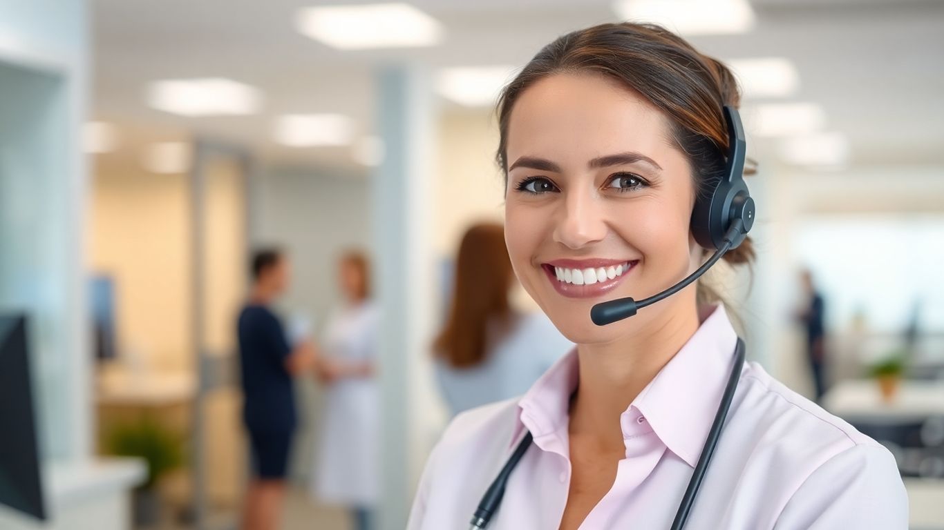 Professional woman wearing headset in a clinic.