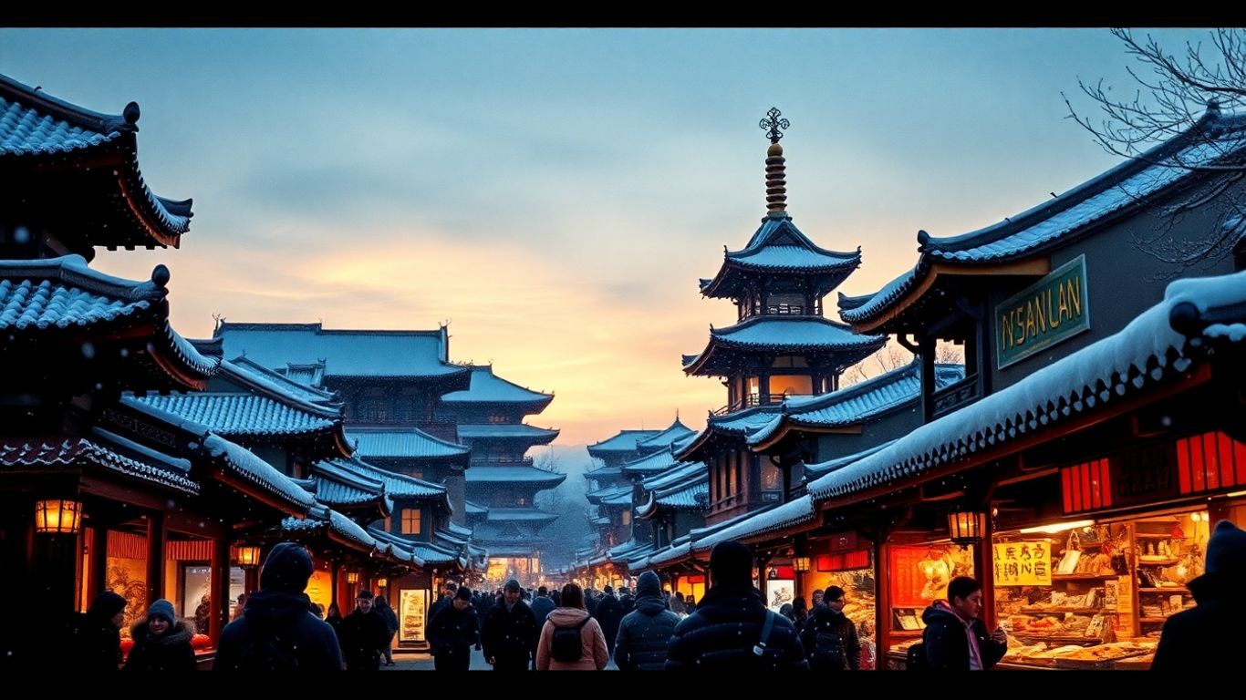 Snowy Asian city with temples and markets at dusk.