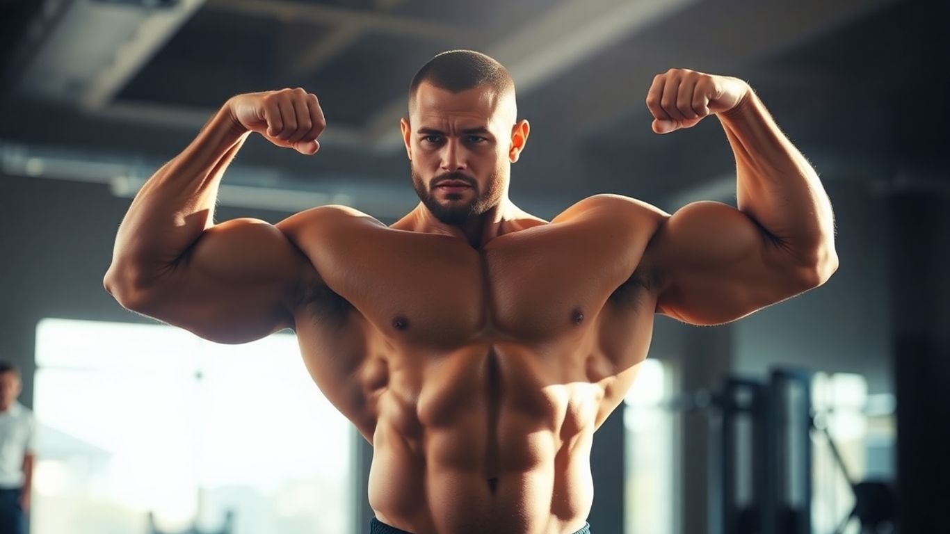 Bodybuilder flexing muscles in gym with sunlight