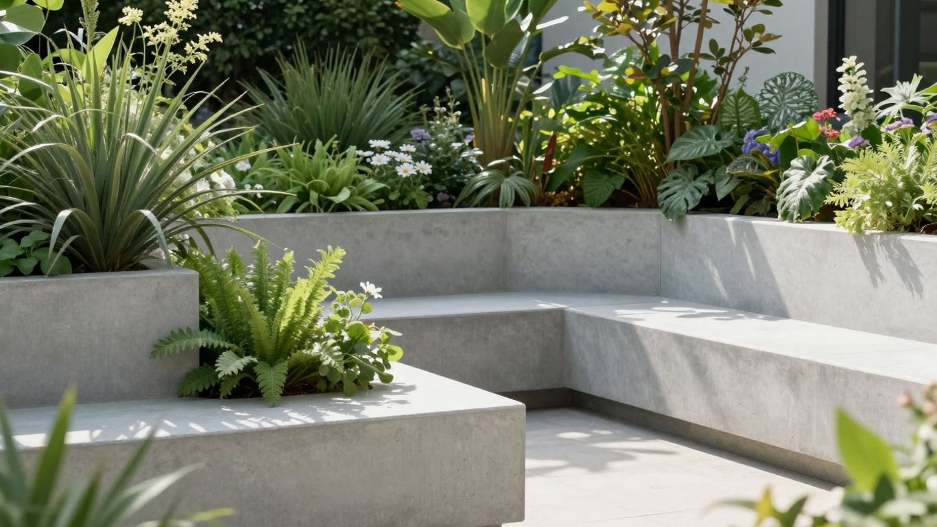 Moderne tuin met stijlvolle betonnen blokken en planten.