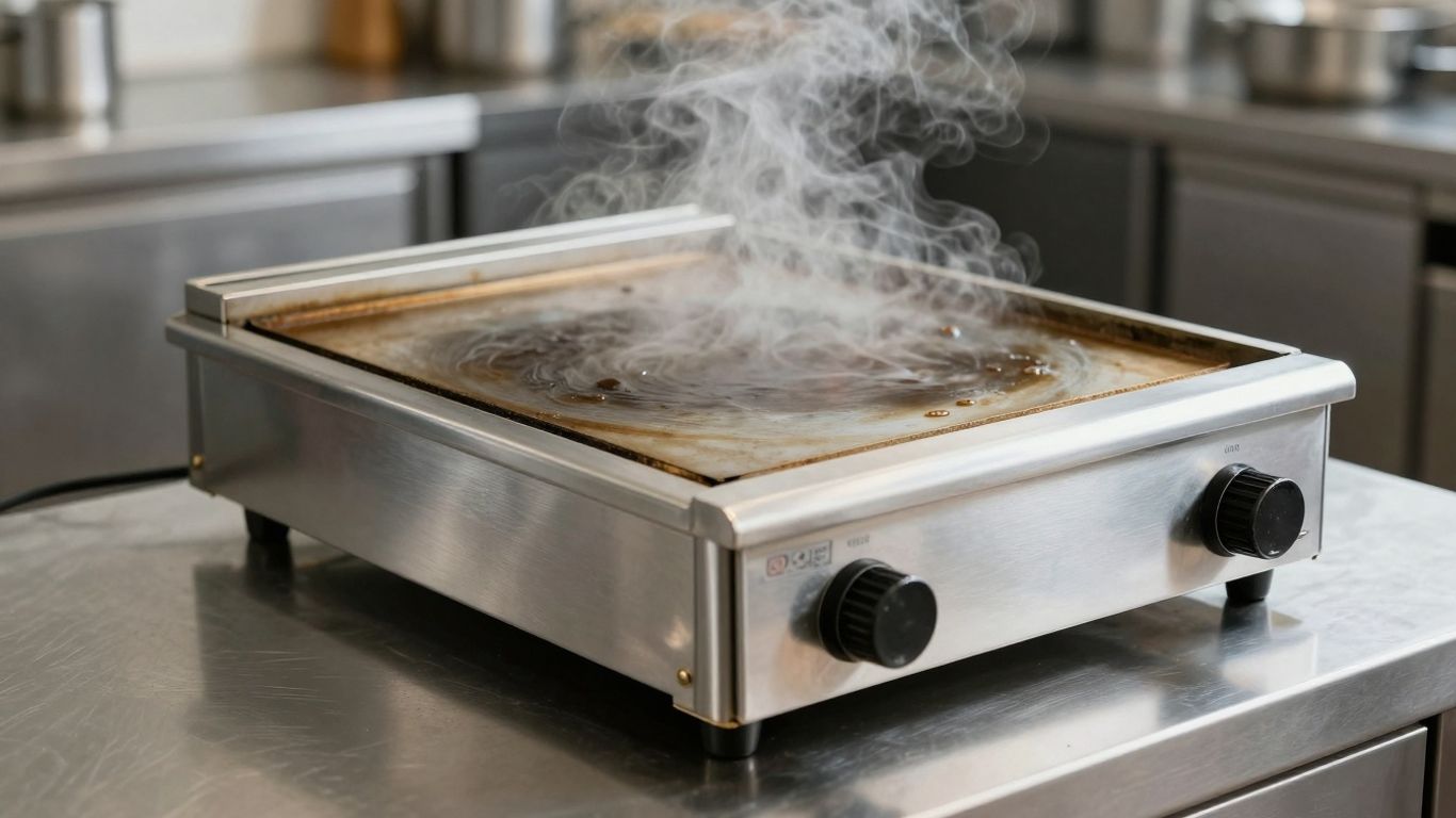 Shiny electric commercial griddle in a professional kitchen.