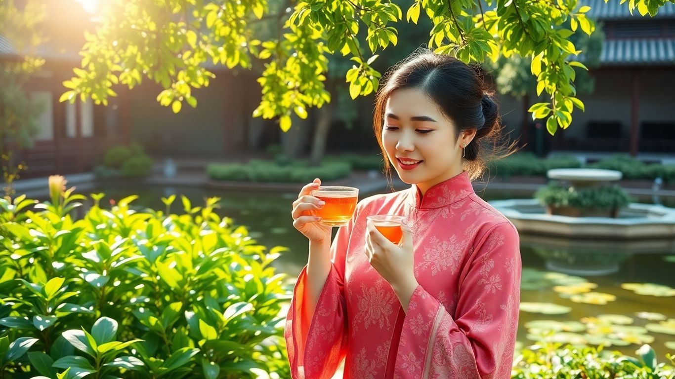 Frau trinkt TCM-Tee in einem chinesischen Garten.