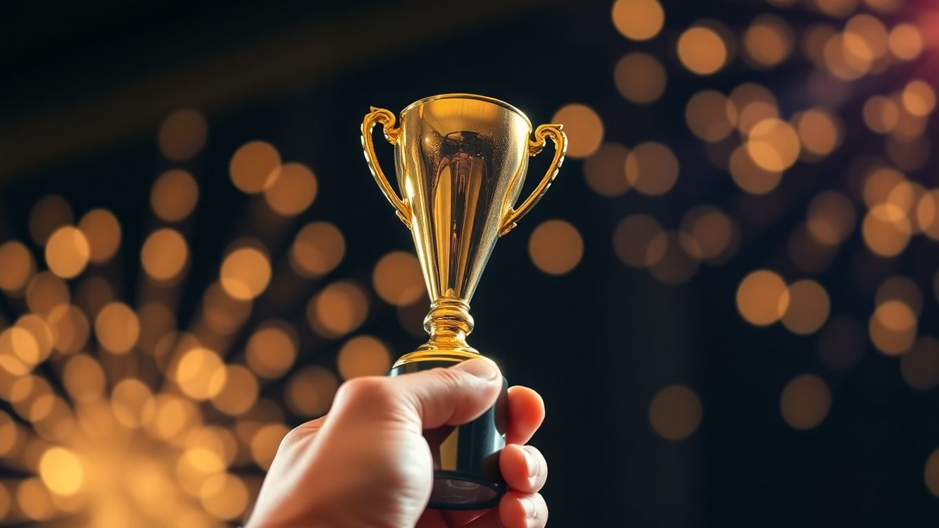 Golden award trophy held by a hand