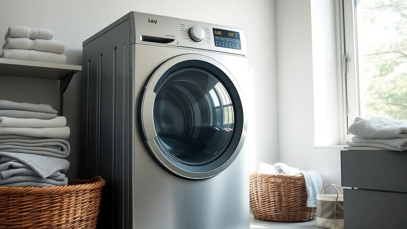 Modern clothes dryer in a clean laundry room