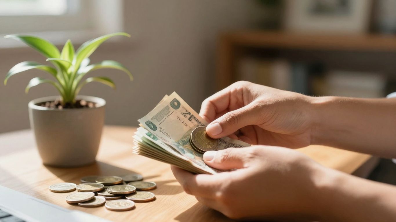 Person with coins and plant, financial growth concept.