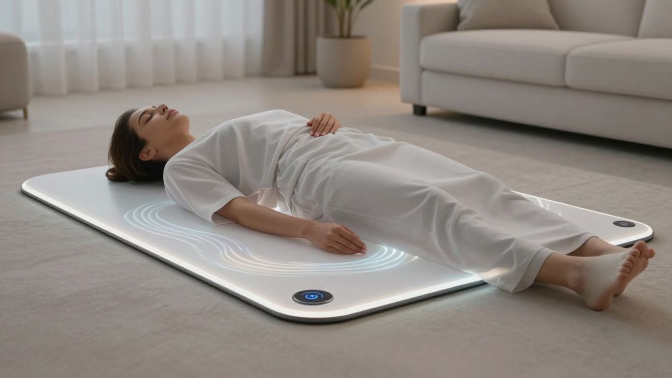 Person relaxing on a glowing Bemer PEMF mat.