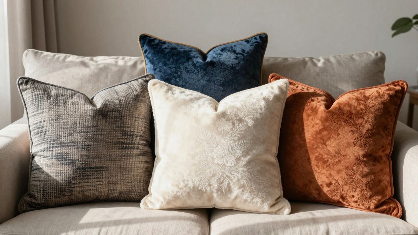 Stylish throw pillows on a sofa.