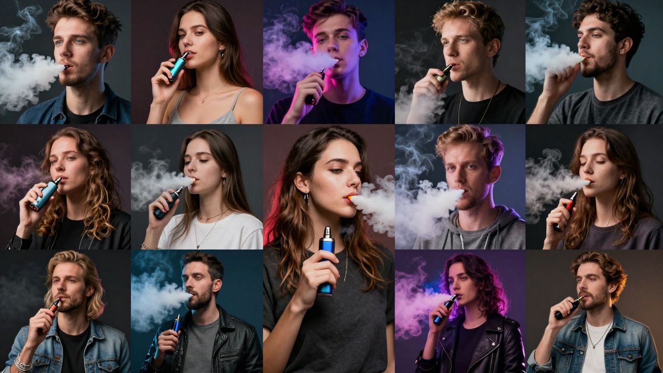 Dampfer-Community mit verschiedenen E-Zigaretten und Dampfwolken.