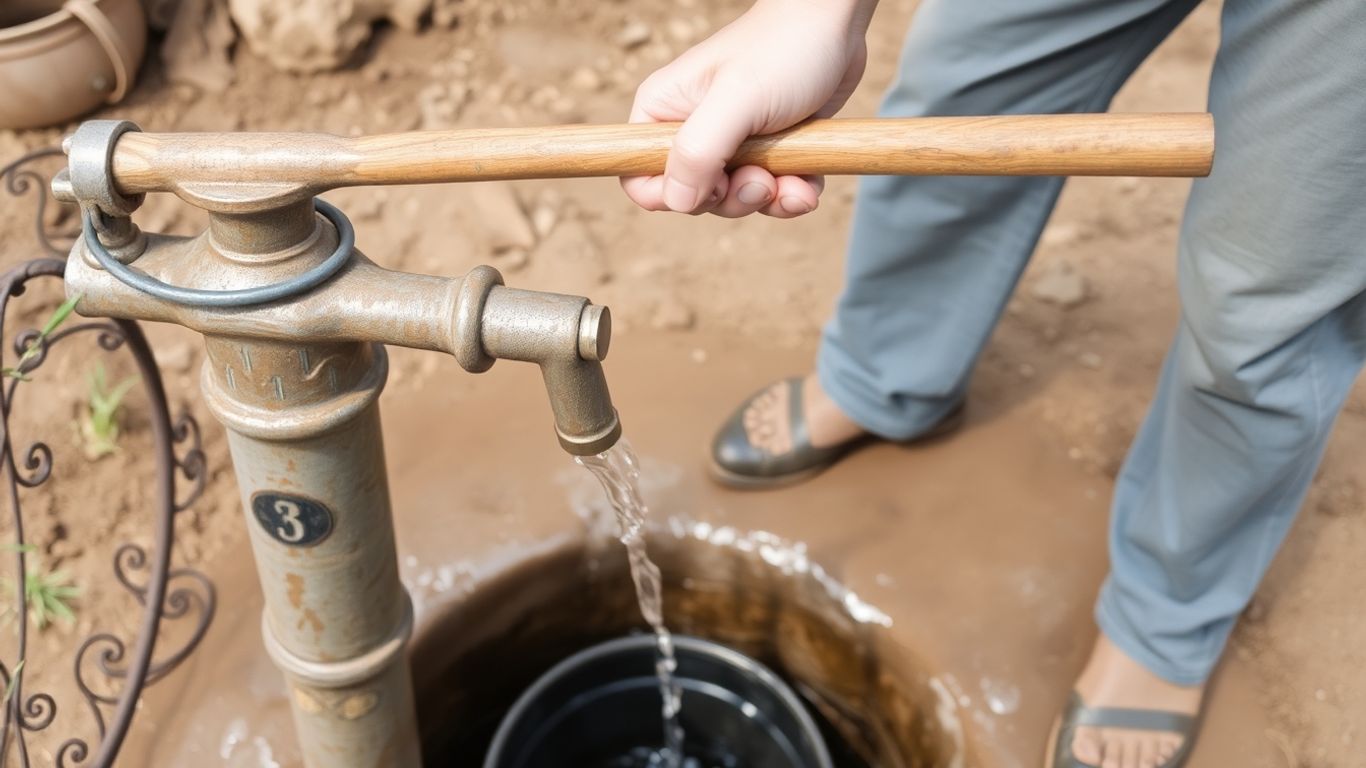 Person manually pumping water from a well.