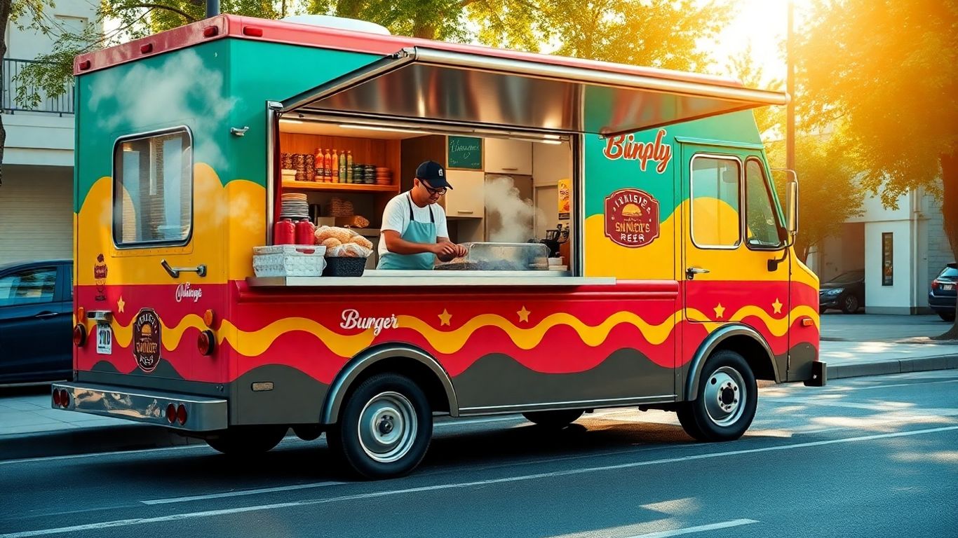 Burger van for sale on a sunny street.