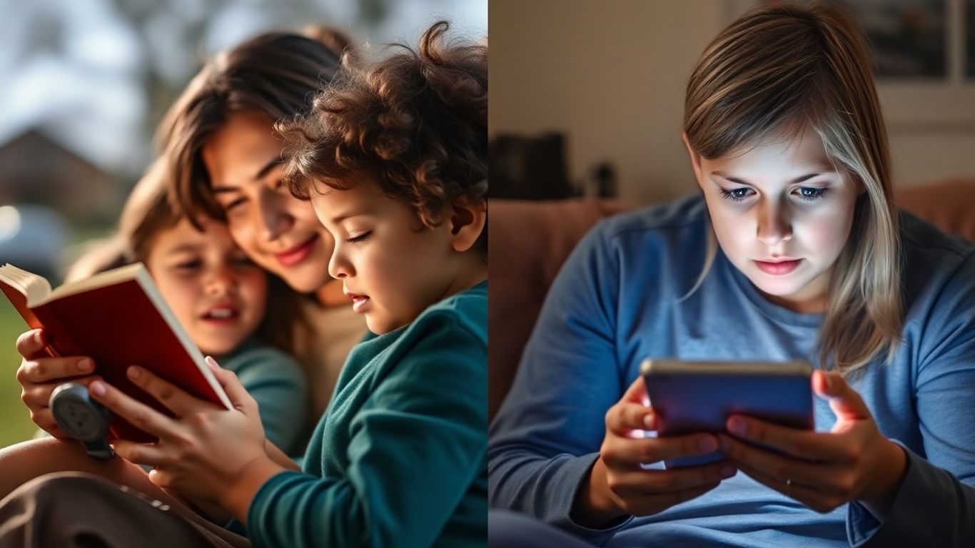 Părinți și copii echilibrând viața digitală și reală.