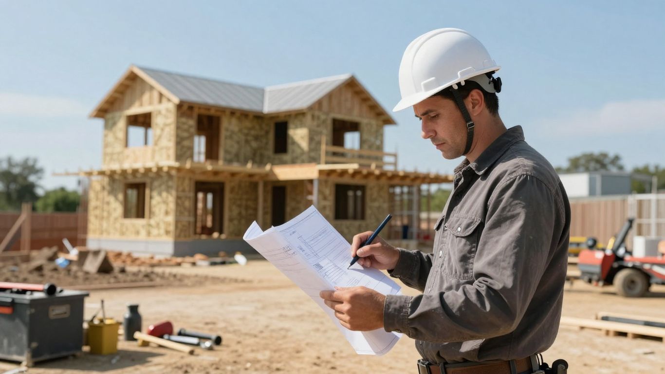 Contractor on a construction site with a building.