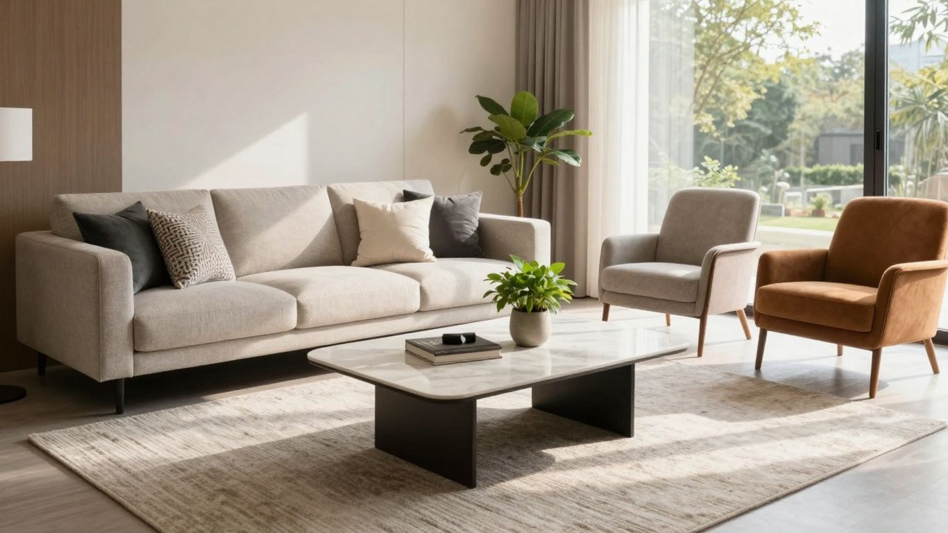 Modern living room with stylish furniture and decor.