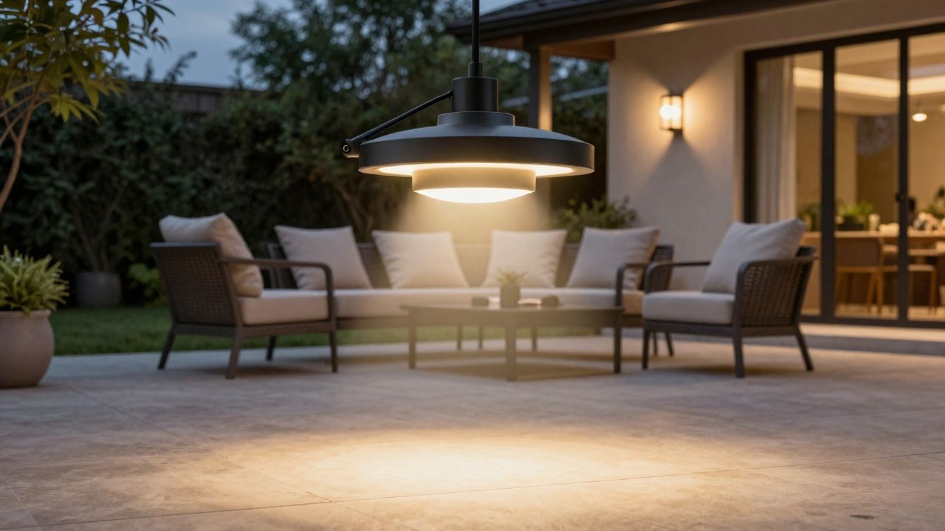 Modern outdoor ceiling light illuminating a patio at dusk.