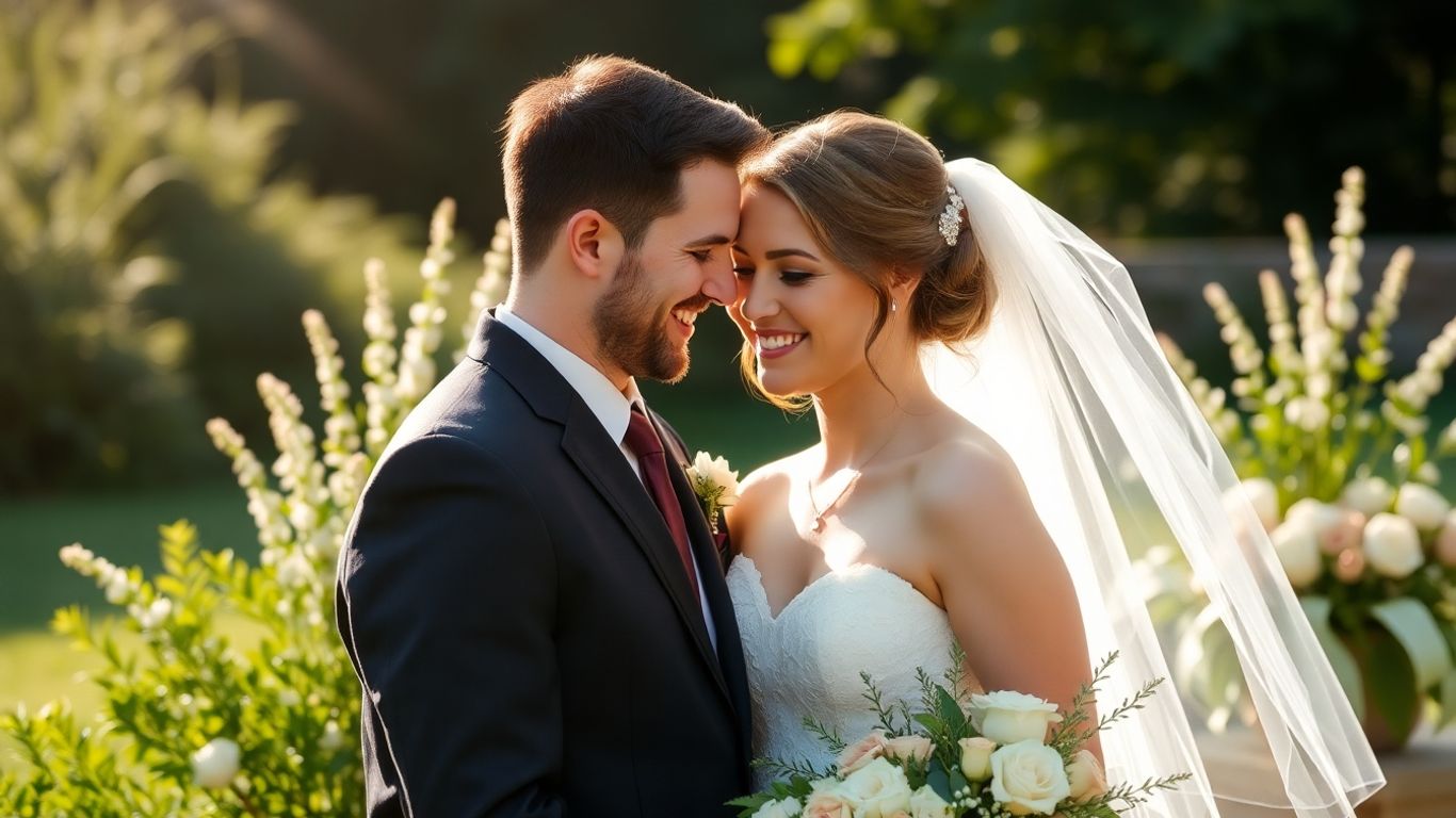Bride and groom smiling outdoors with subtle floral arrangements.