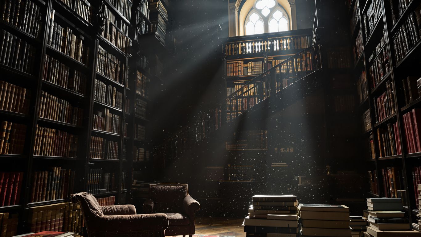 Ancient library with sunlight and books.