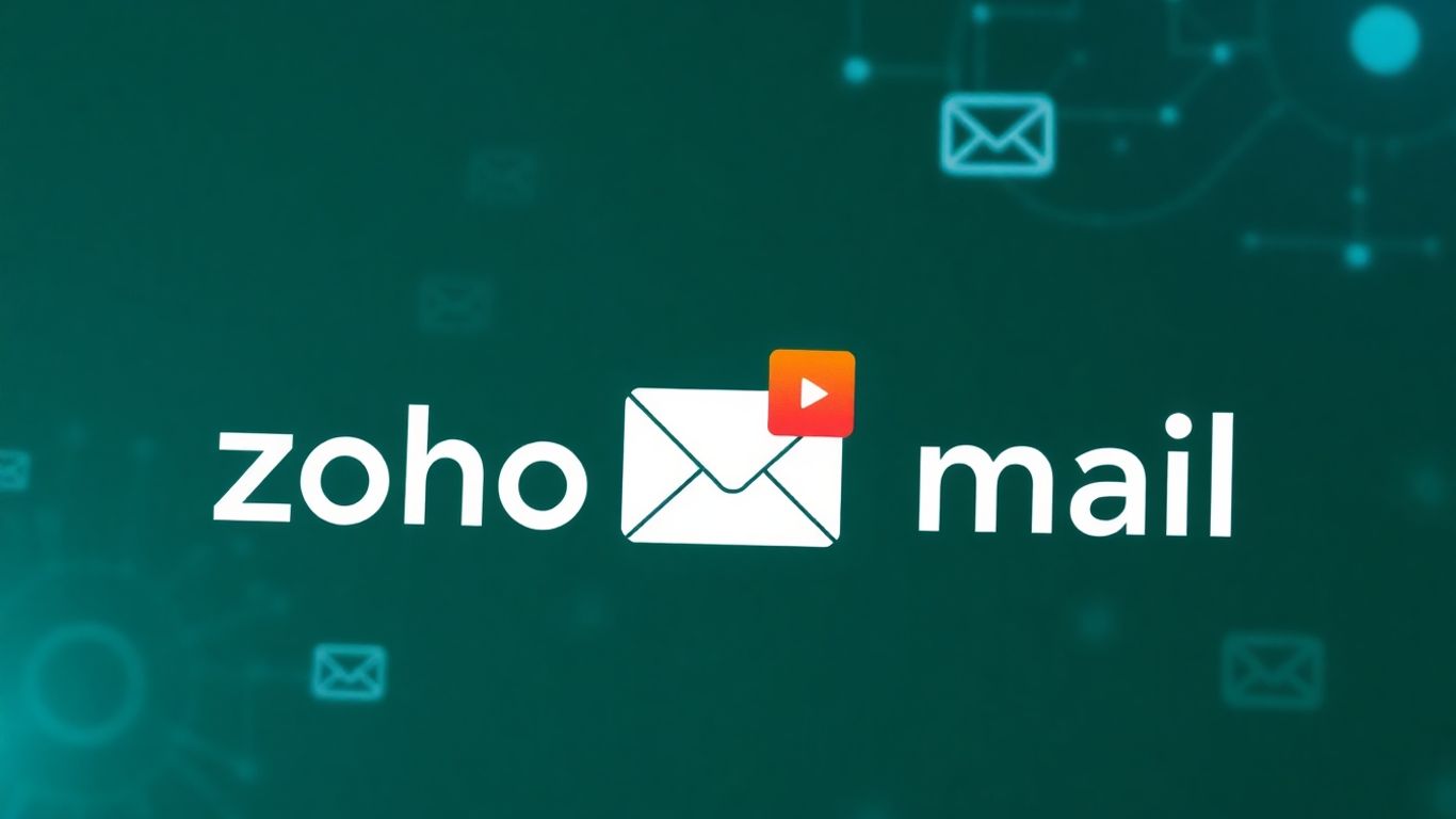 Zoho Mail logo with abstract digital background.