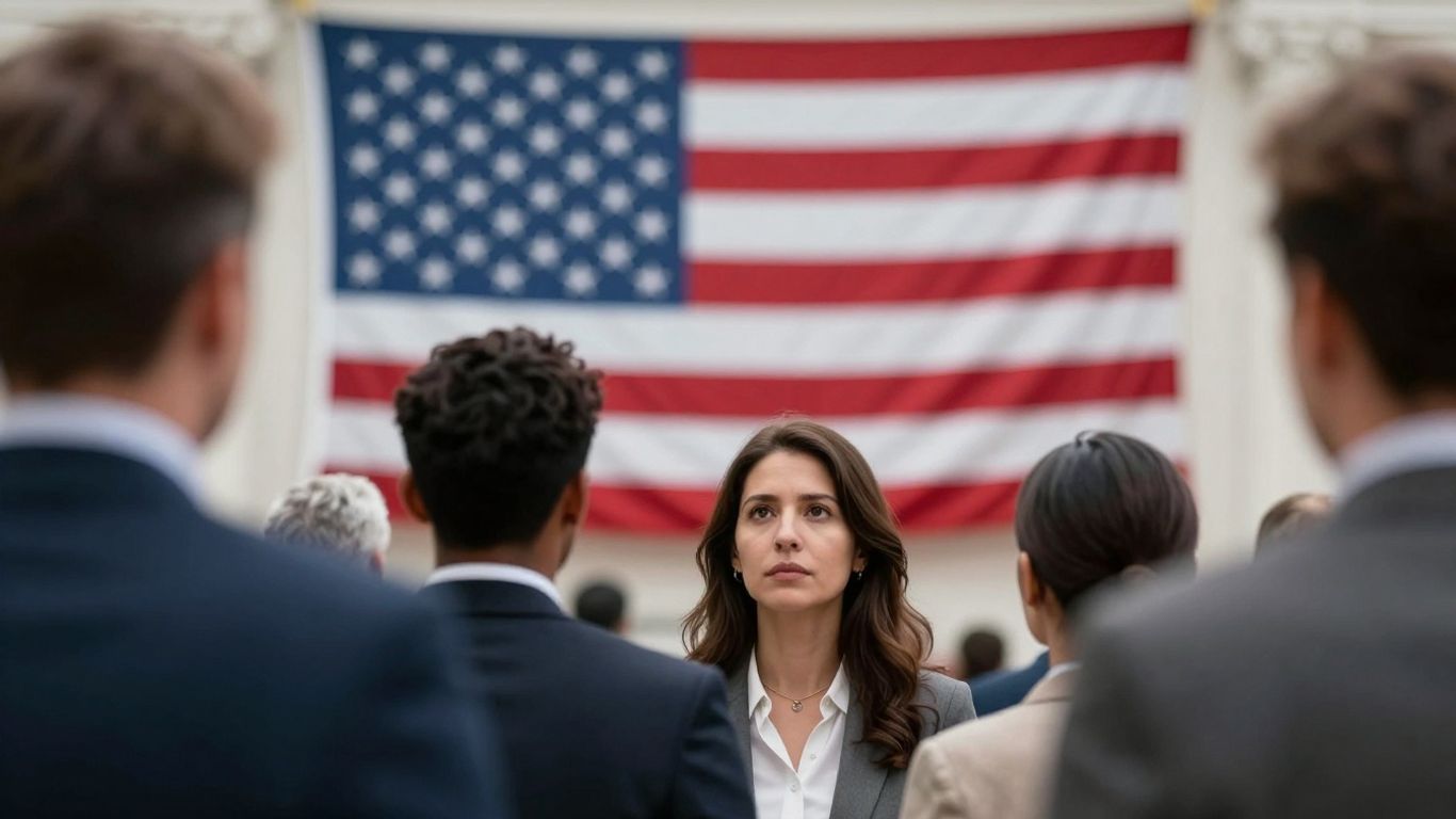 Inmigrantes y bandera estadounidense.