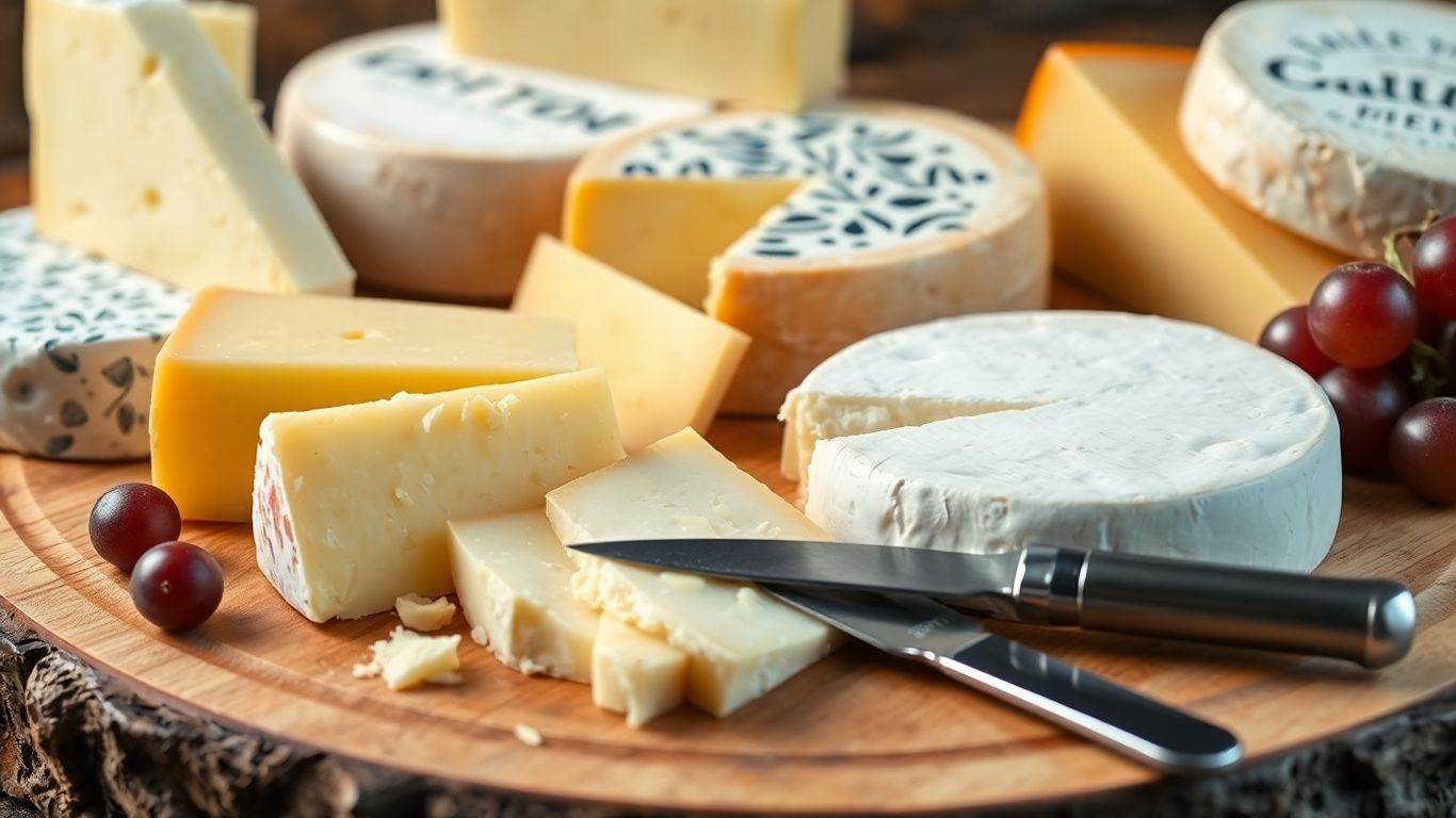 Fromages à raclette sur une planche en bois avec des raisins.