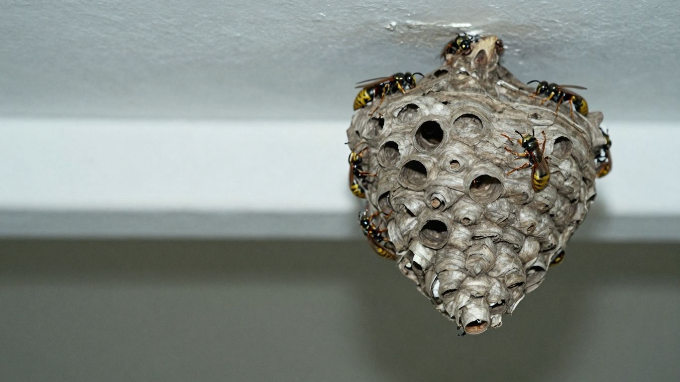 Gros plan sur un nid de guêpes suspendu à une branche.