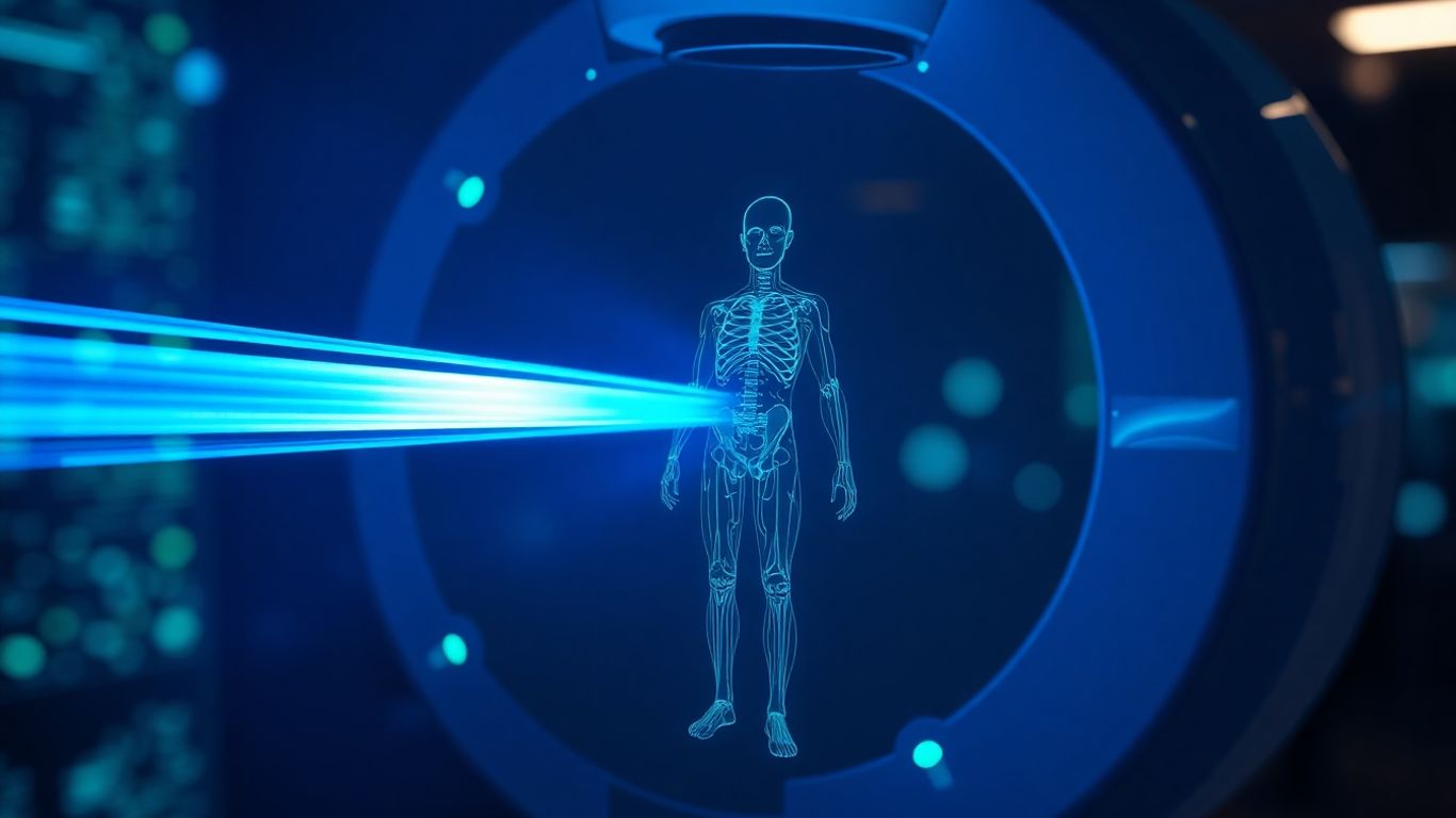 Futuristic scanner projecting glowing human silhouette with light streams.