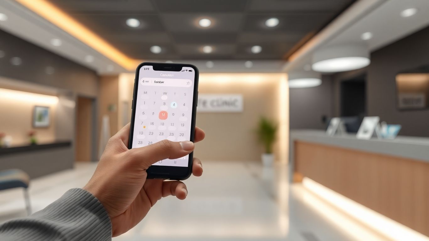 Smartphone calendar with glowing notification icons in a clinic.
