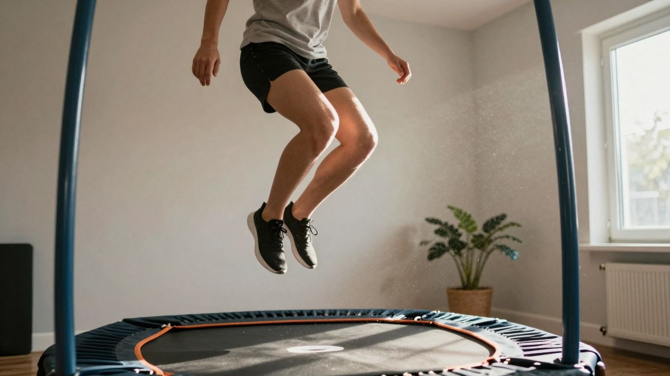 Person joyfully rebounding on a mini-trampoline.
