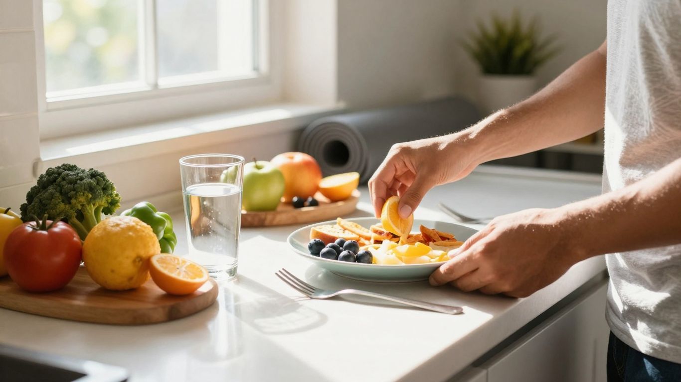 Persoană pregătind un mic dejun sănătos și făcând yoga.
