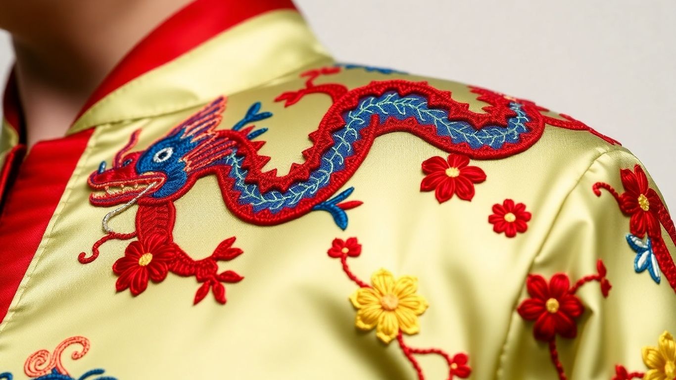 Close-up of an embroidered Japanese sukajan souvenir jacket.