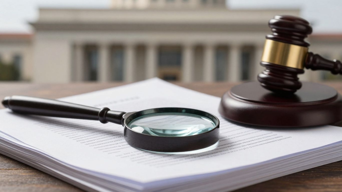 Gavel on legal documents with magnifying glass