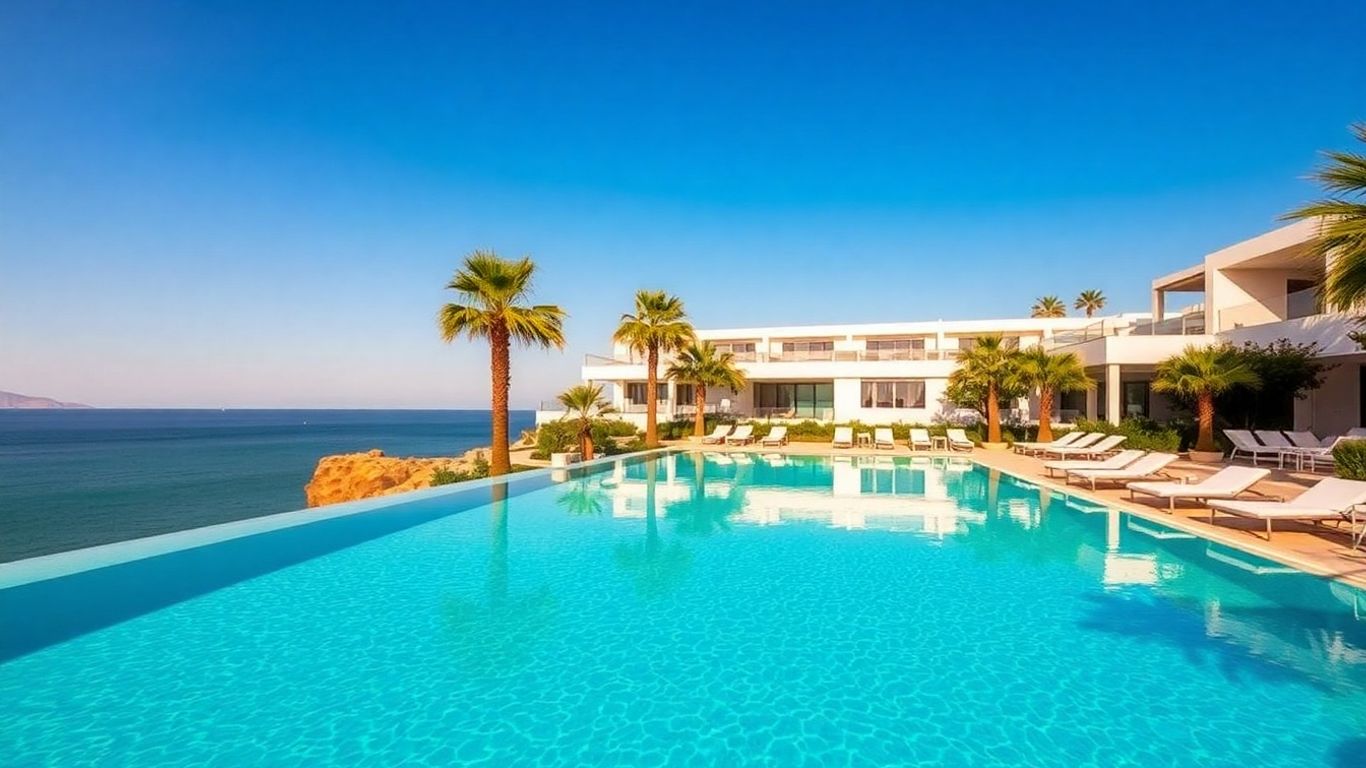 TRS Ibiza Hotel infinity pool with Mediterranean Sea view.