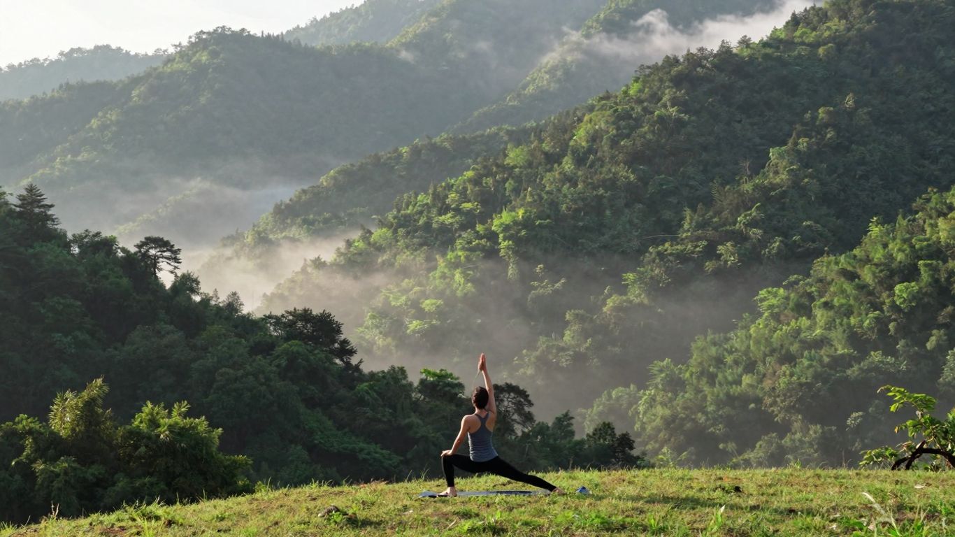 Tranquil Blue Mountains yoga retreat vista.