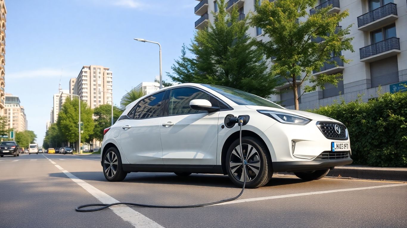 Voiture électrique branchée, rues urbaines et ciel dégagé