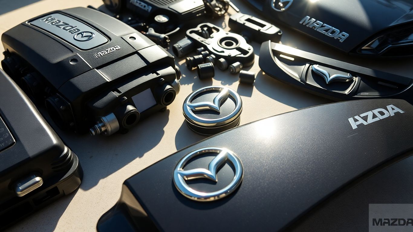 Genuine Mazda car parts arranged neatly.