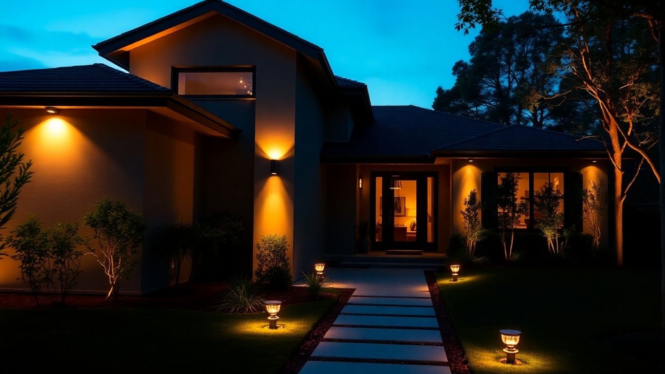 Stylish exterior lighting illuminating a modern house at dusk.